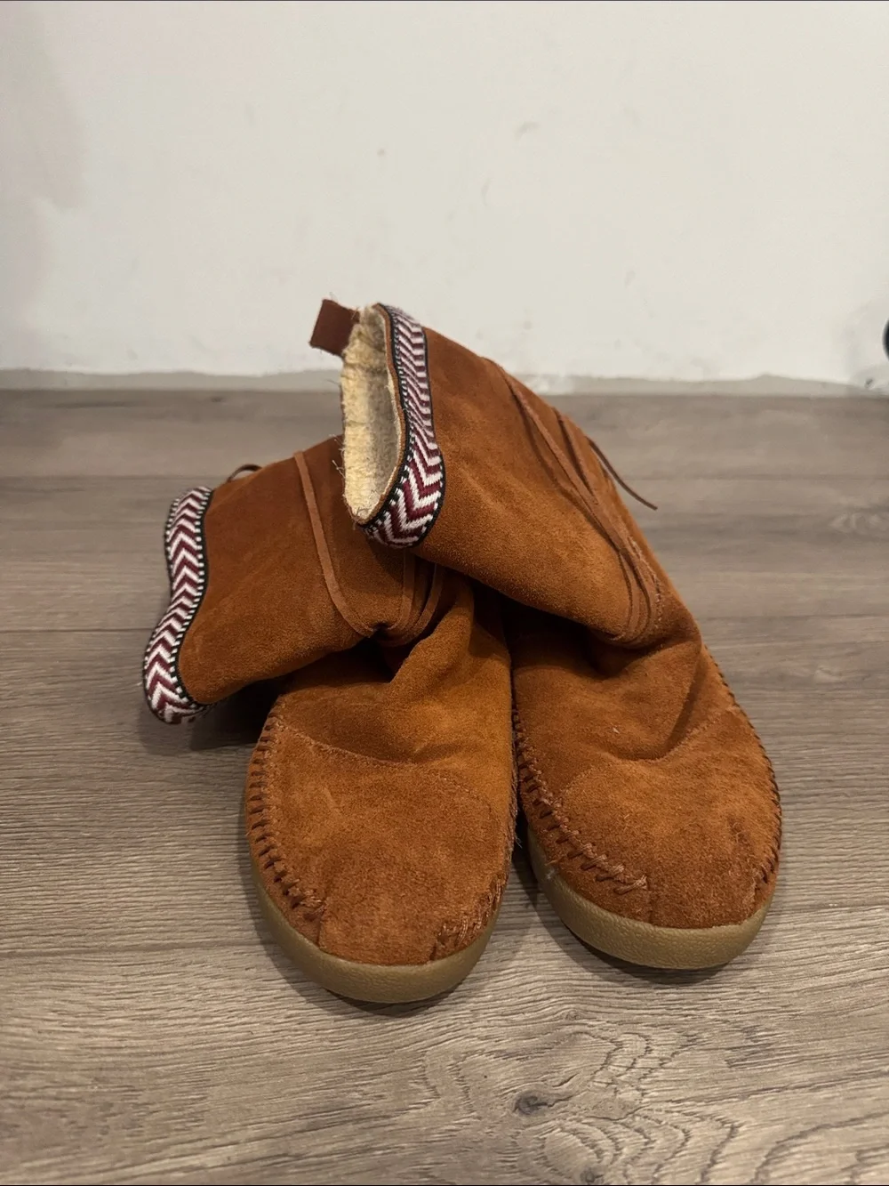Toms Suede Moccasin Boot in Chestnut Brown with Patterned Trim